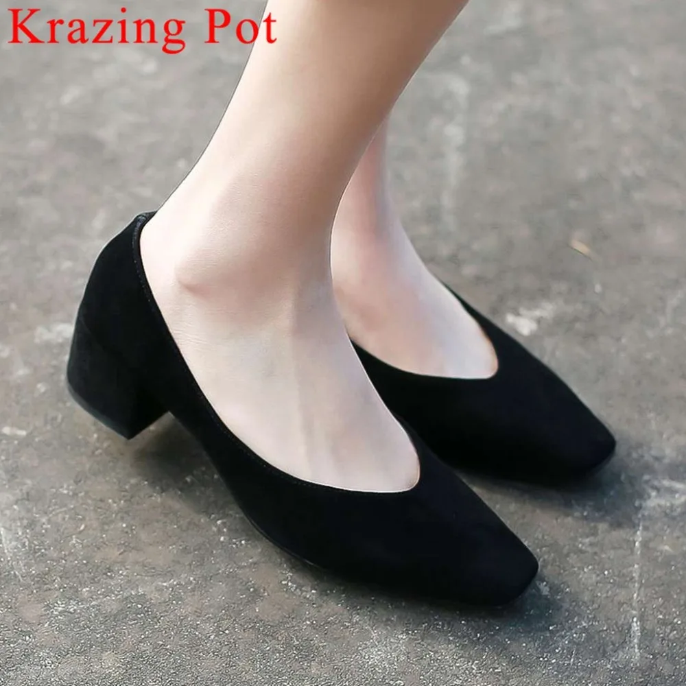 

2019 art concise design soft genuine leather party wedding chunky med heels square toe slip on graceful lady shallow pumps L70