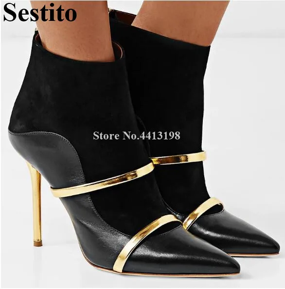 

Sestito Women Boots Sexy Metal Stitching Zipper Women Ankle Boots Pointed Toe Stiletto Heel Ankle Short Boots New Women Shoes