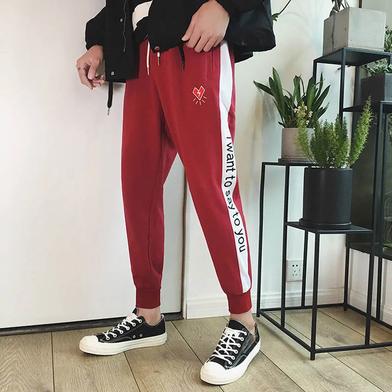 

outdoor 2019 spring autumn elastic striped letter printed hip hop joggers running teenagers sweatpants men students trousers