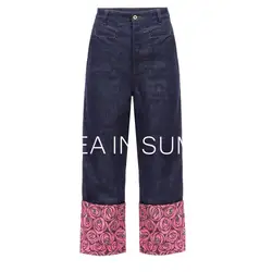 2019 Ранняя весна для женщин хлопковая ткань с принтом розы шить керлинг брюки, облегающие джинсы повседневные штаны дамы
