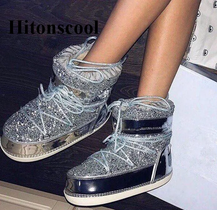 

2019 Luxury Brand Bling Warm Winter Snow Boots Women Ankles Boots Top Quality Flats Lace up Fur Round Toe Sapatos Shoes Woman