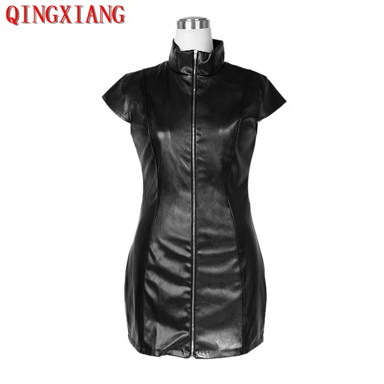 

2019 Faux Leather Night Club High Neck Short Sleeve Lady Sexy Black Dress Outfit PU Front Zipper Sheath Short Women Erotic Dress