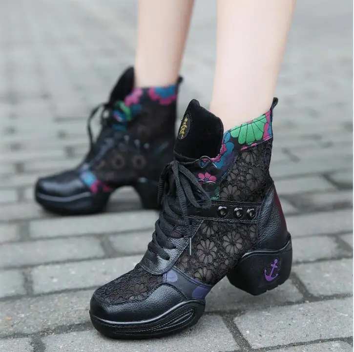 Танцевальная обувь; женские спортивные ботинки на квадратном каблуке; женская танцевальная обувь; кожаная обувь из кружевной ткани; дышащая Современная танцевальная обувь; сетчатые ботинки - Цвет: 890C1