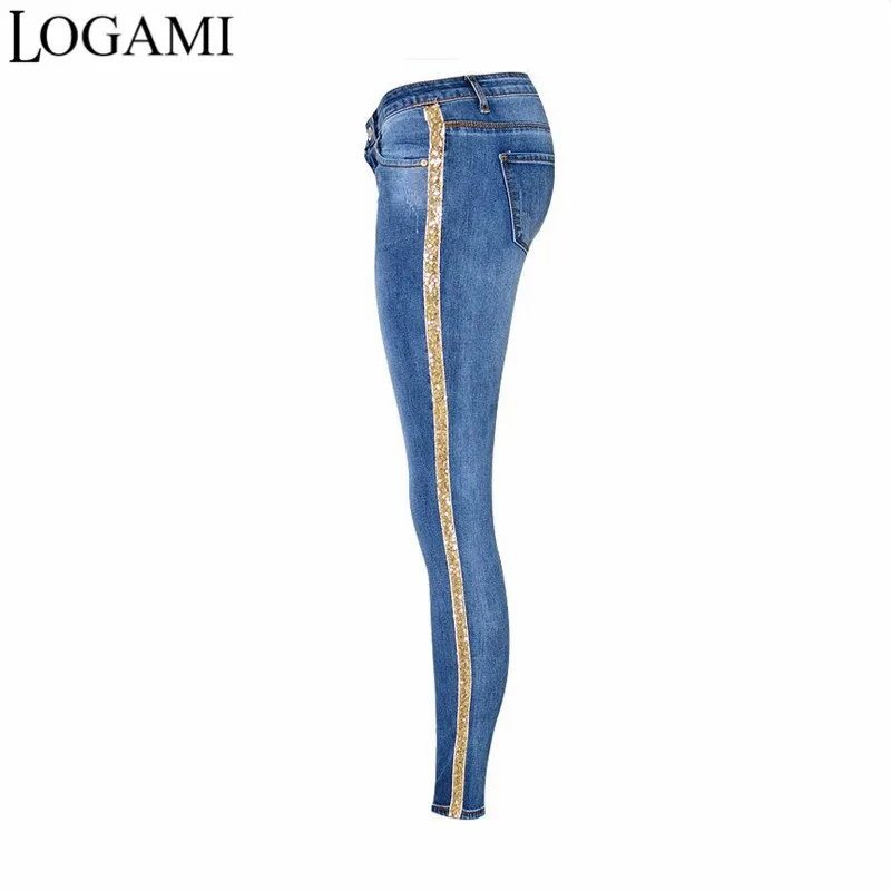 

LOGAMI High Waist Jeans Woman 2018 Patchwork Pencil Stretch Jeans Ladies Casual Pants