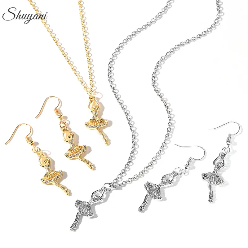 

birthday gift crystal ballet dancer necklace pendant earrings chic figure shape jewelry sets brincos with chain necklace