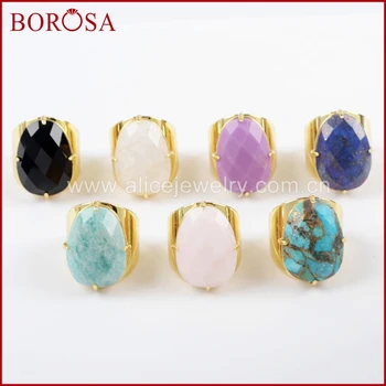 

BOROSA 5PCS Gold Color Claw Egg Shape Natural Multi-kind Stones Faceted Band Ring lapis lazuli Gems Ring Jewelry ZG0321