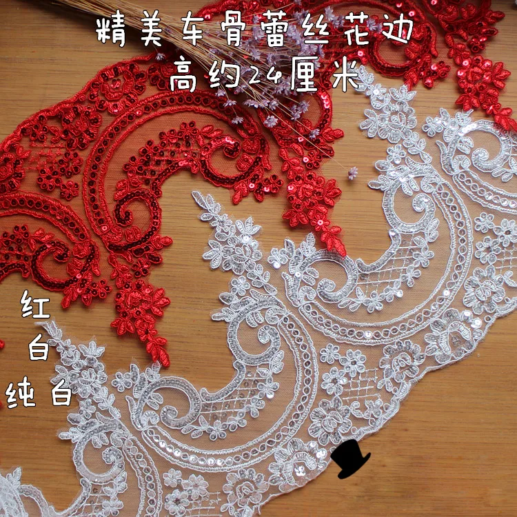 

Wholesale 3 Yards/lot wedding decoration DIY sewing fabric lace appliques car bone paillette sequined lace trims 24cm width