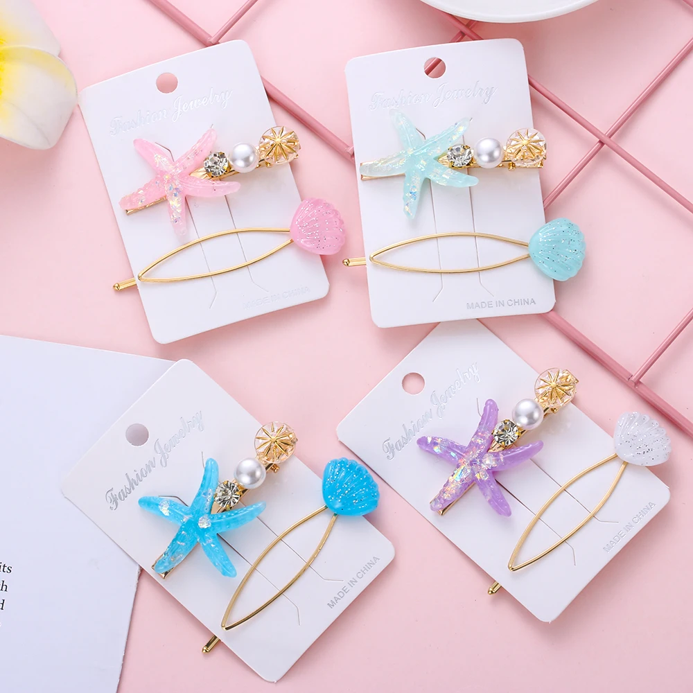 

2Pcs/Set Fashion Pearl Hairpins Starfish Hair Clips for Women Girls Shell Barrettes Girl Hairgrip Wedding Party Hair Styling