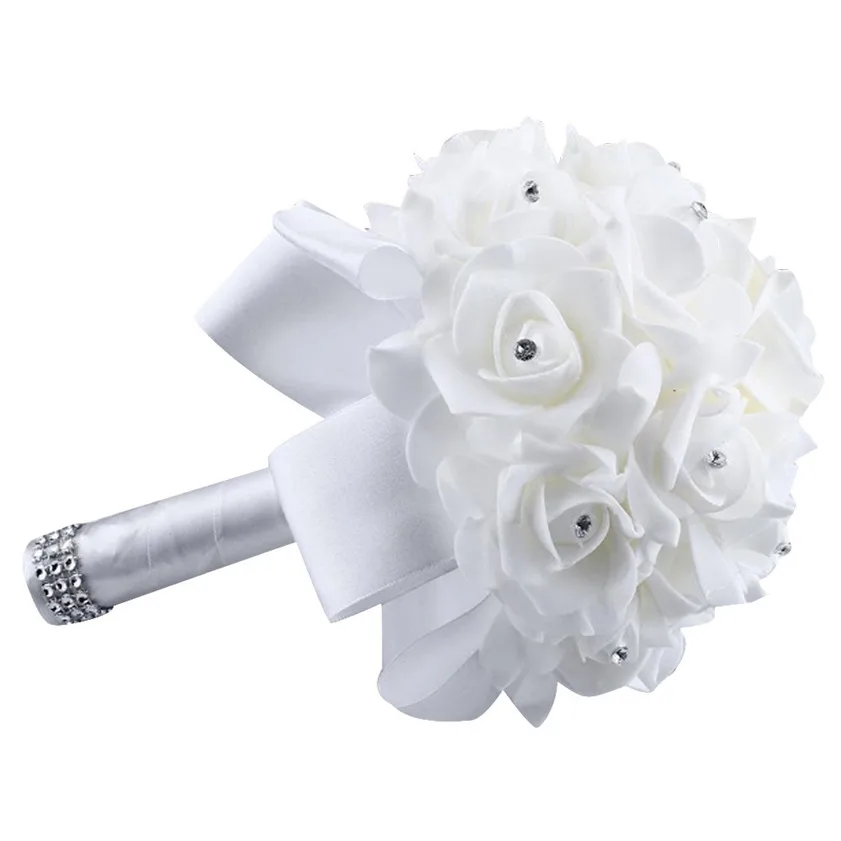 Нулевые розы с кристаллами, жемчужные свадебные букет невесты, искусственные шелковые цветы 170217 - Цвет: Белый