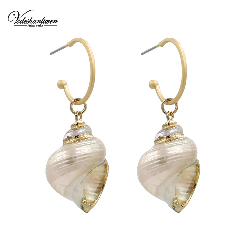 

Vodeshanliwen 2019 New Shell Dangle Earrings For Women Gold Color Geometric Metal Party Jewelry Conch Statement Drop Earrings