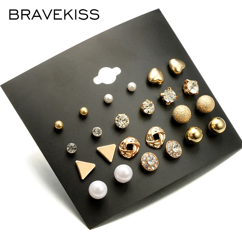 

BRAVEKISS Alloy 12 Pairs Earrings CZ Heart Geometry Stud Earrings Fashion Jewelry for Women Daily/Shopping 2018 New BPE1344