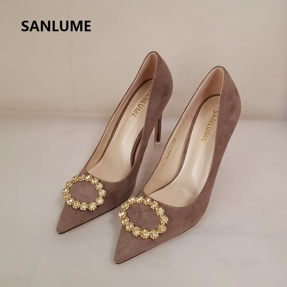 Sanlume Real Picture 10cm Women Sexy Pointed Toe Suede High Heels Brown