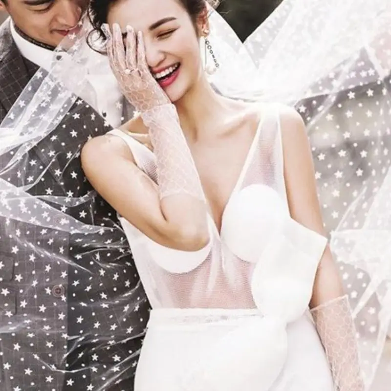 

2 Tier Double Layer Women Wedding Veil Five-Pointed Star Polka Dot Print Tulle Retro Bridal Veil Night Party Costume With Comb
