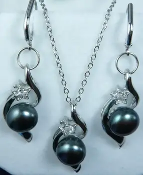 

Women's gift Jewelry WGP word Natural Fine Pretty!Black Akoya Pearl Necklace +Earring Set ** plated