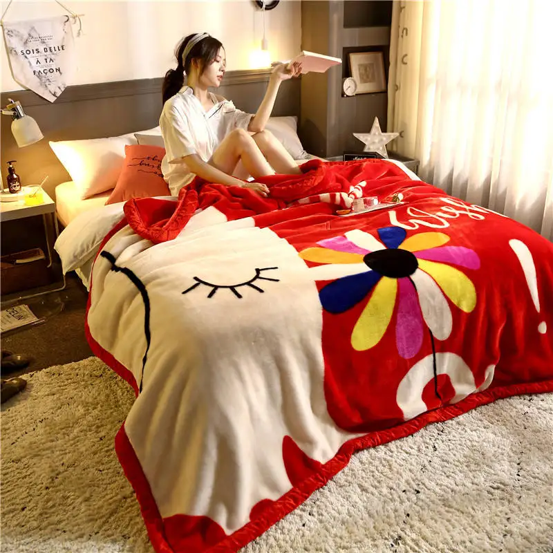 Двухслойное утолщенное супер мягкое Норковое одеяло Raschel, теплое зимнее покрывало с рисунком из мультфильма, односпальная кровать, одеяло для взрослых s - Цвет: Red