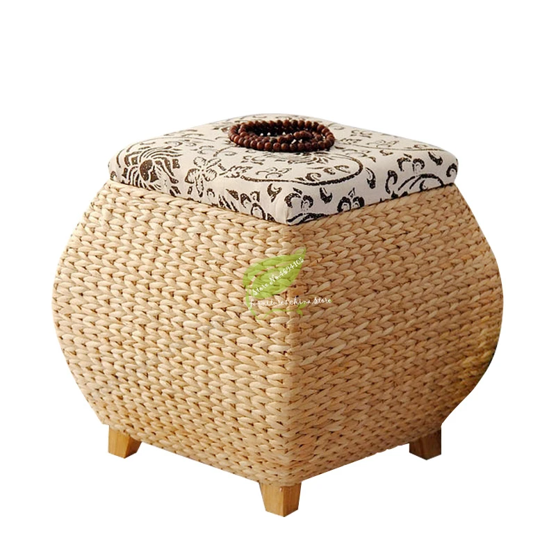 

Antique Rattan Shoes Storage Stool Solid Wood Frame Box Clothes Footstool Sofa Square Stool Living Room Furniture Home Ottoman