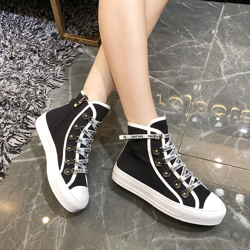 

High-top letters canvas shoes female 2019 summer board shoes female ins tide flat net red women's shoes