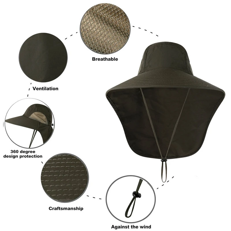 HYID Fisherman Bucket Cap Wide Brim Adjustable Breathable Waterproof Sunshade Folding Sports Hat Outdoor