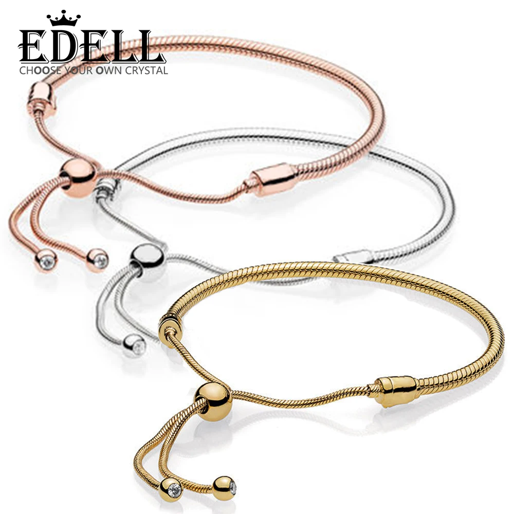 

EDELL 100% 925 sterling silver 1:1 Genuine Glamour 14K Gold Rose Gold Sliding Basic Bracelet Fit DIY Beaded Original Women Jewel