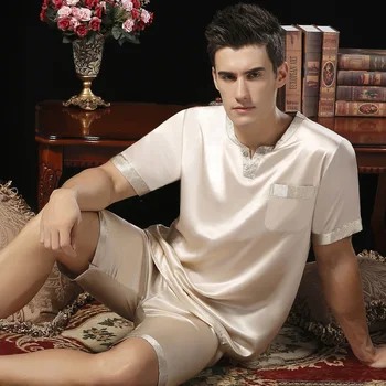 

Brand Men's Heavy Silk Pajama New Summer Male Pajamas Sets Men Short-Sleeve Shorts Sets 100% Silk Sleepwear Free Shipping
