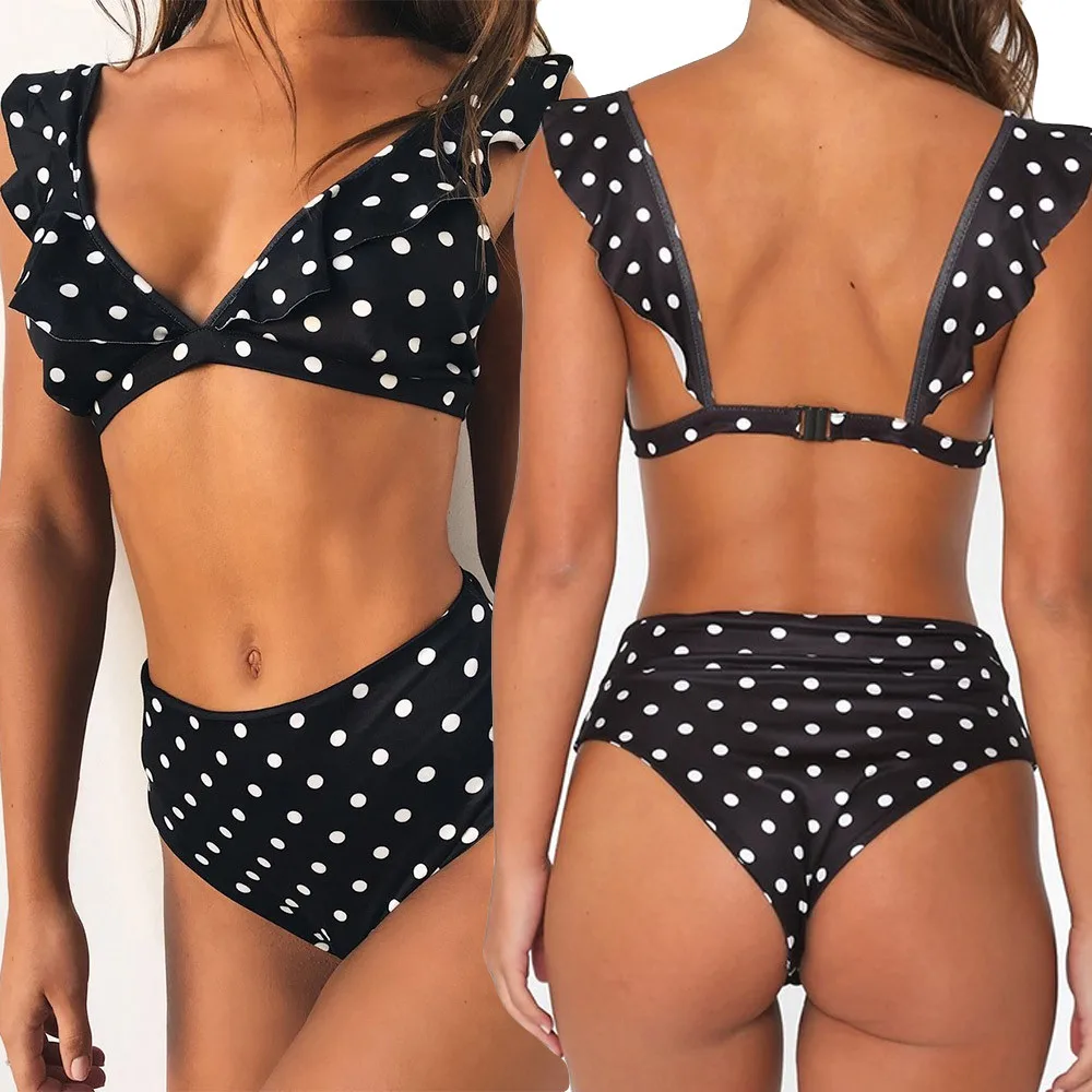 

1Set Swimwear black white Dot Low Waist Womens Piece Wave Swimsuit Lotus Leaf Bikini Swimwear Summer Beachwear Bathing Suit