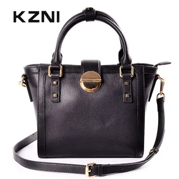 

KZNI Genuine Leather Purses and Handbags Top-handle Bags Fashion Handbags 2017 Black Women Real Leather Tote Bag Sac Femme 1443