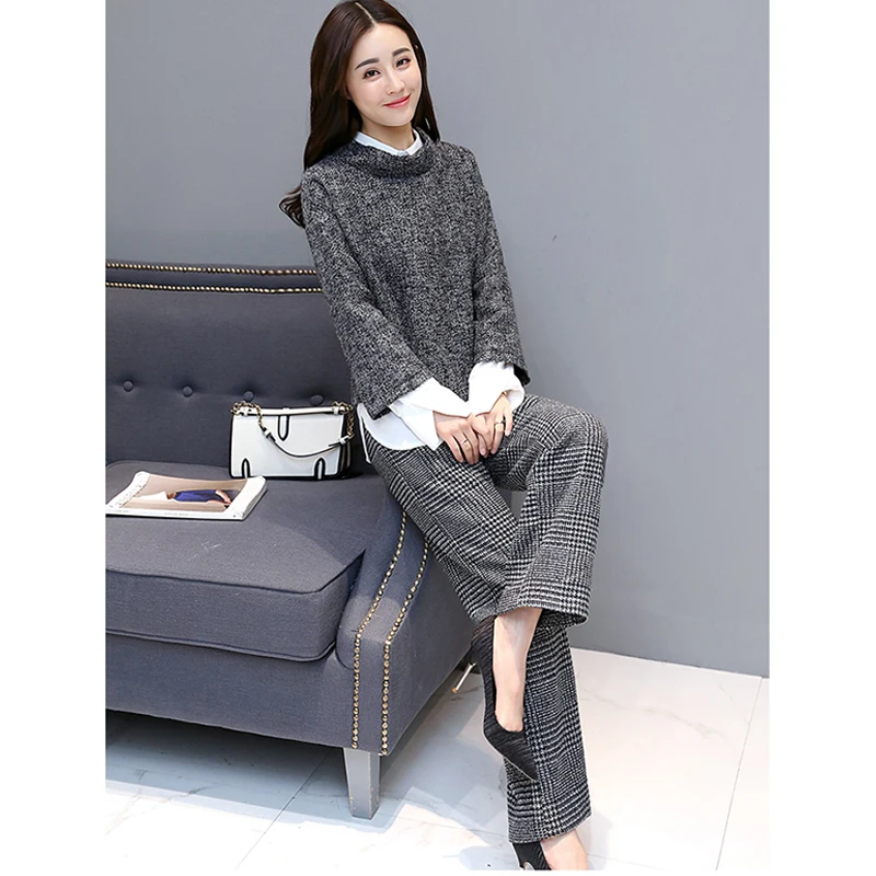 Fashion Houndstooth 3 Pieces Women Suit Sets Wide Leg Pants+Blouse+Coats Autumn Wollen Pullover Coats 2018 New RH232