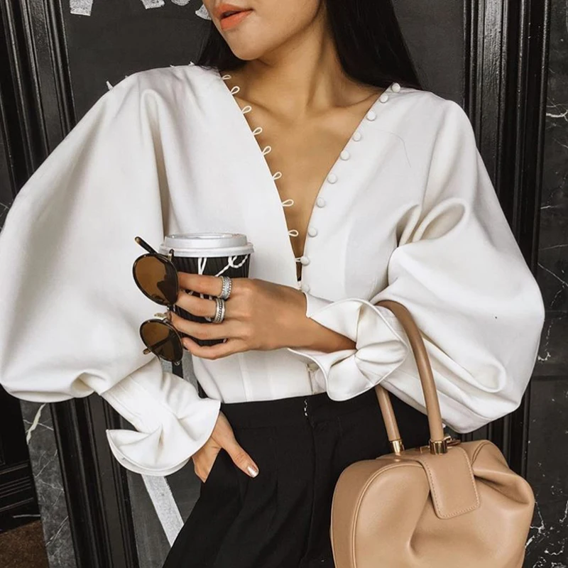 

2018 Fashion V-neck Puff Sleeve Blouse Autumn V Neck Woman Clothing