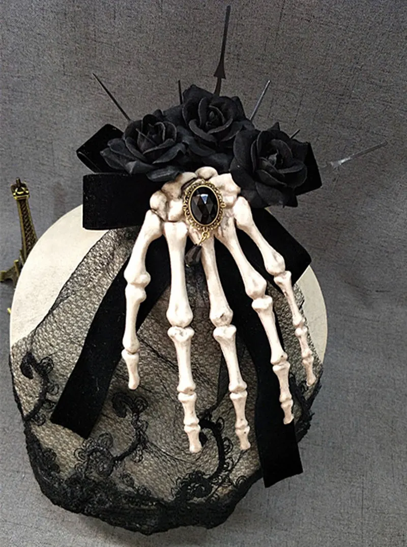 Ручной работы Готическая Лолита косплей аксессуар кость руки скелета Кристалл Роза Заколка для волос брошь Хэллоуин реквизит