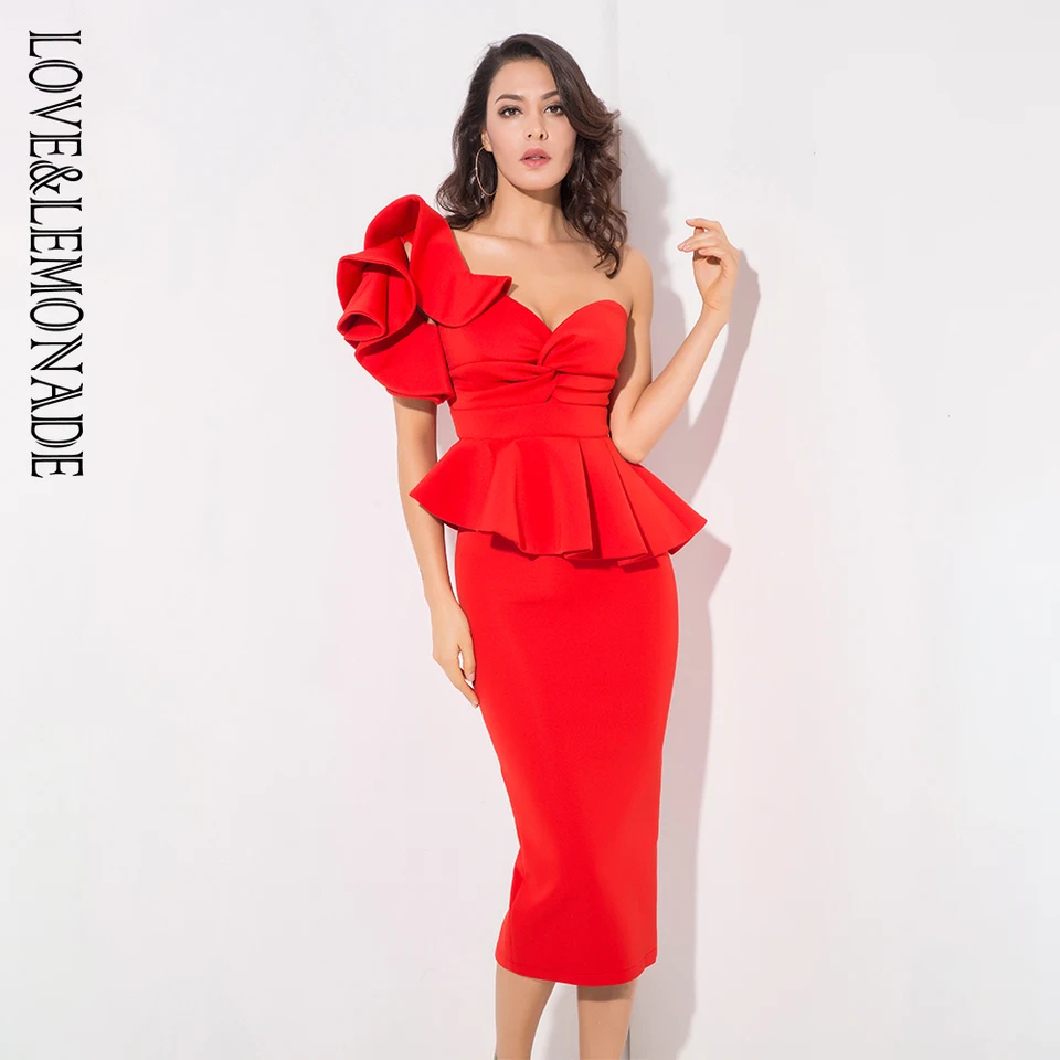 red one shoulder ruffle dress