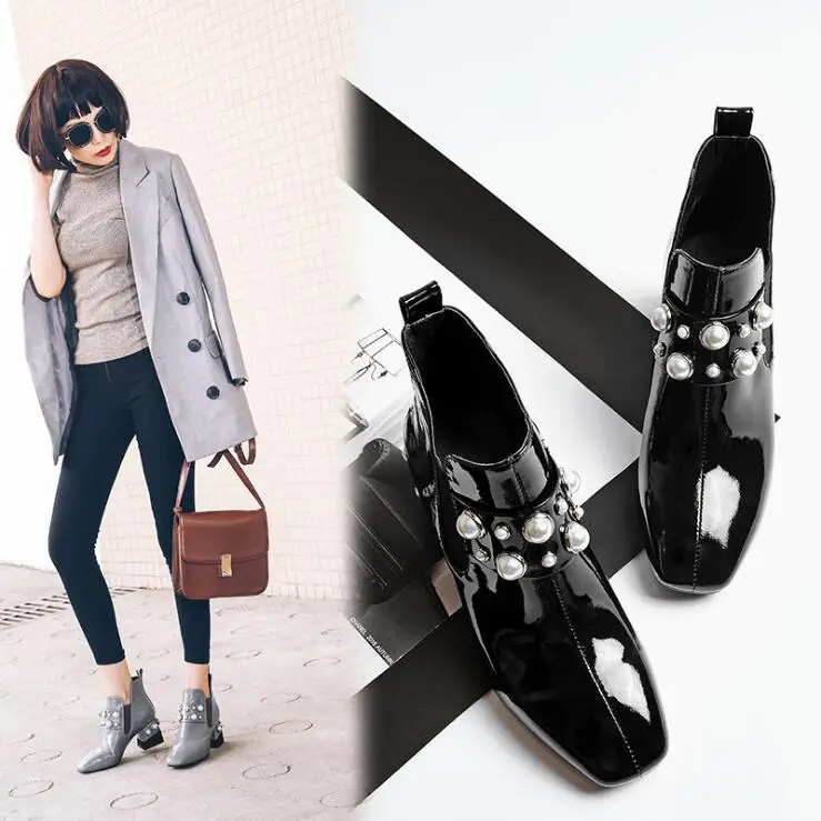 

European and American women new autumn and winter pearls rivets cow leather boots female square toe lacquer chunky heel boots