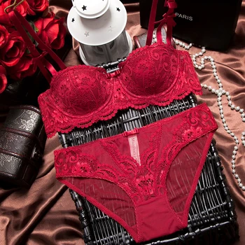 New Style Half Cup Ultra-Thin Lace Bra Briefs Set 1