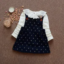 Printemps Automne À Manches Longues Col En Dentelle Fleur Bébé Filles Enfants Enfants Tops T-shirt + Nourrissons Salopette Dress Robe 2 pcs S4632