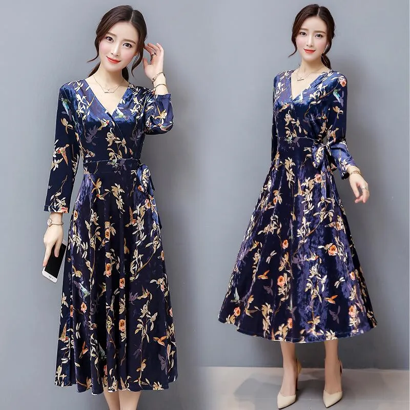 

Plus Size 2018 New Autumn Fashion Women sexy dress Print V-Neck Velvet Long A Word In Text Dresses