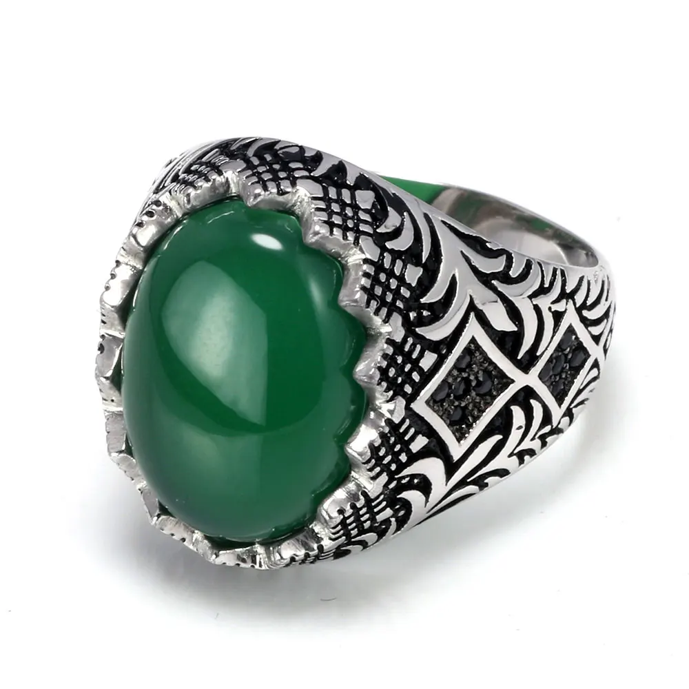 Гарантированное 925 пробы Серебряное черное кольцо ретро винтажное турецкое кольцо с цветами ювелирные изделия для мужчин с камнем турецкое ювелирное изделие - Цвет основного камня: Green