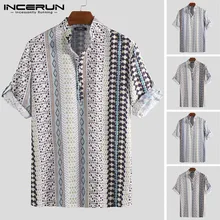 INCERUN, Ретро стиль, короткий рукав, мужская рубашка, принт, стоячий воротник, повседневные свободные топы, пуловер, пляжные, богемные, Гавайские рубашки для мужчин, 5XL