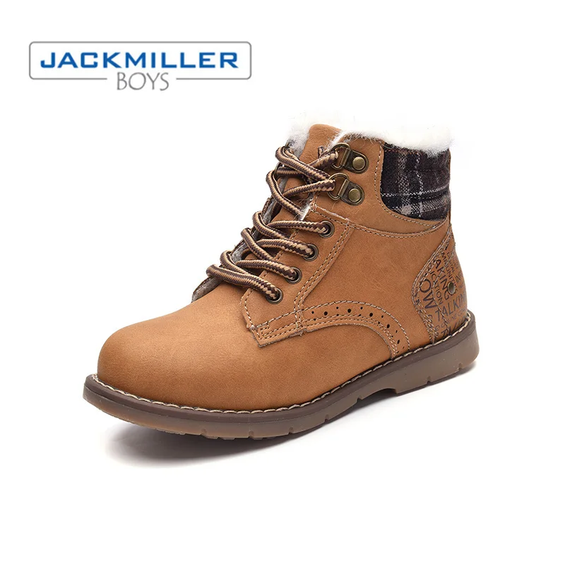 

Jackmiller new winter ankle boots kids for boys shoes children warm wool lining low heels for child zip lace up brown size 25-30