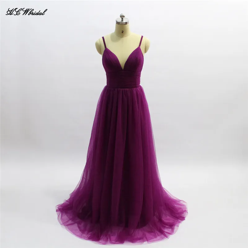 Элегантное фиолетовое длинное фатиновое торжественное платье, вечернее плиссированное платье на тонких бретелях, а-силуэт, длина до пола, Дешевое платье для выпускного, новинка, Robe De Soiree - Цвет: Фиолетовый