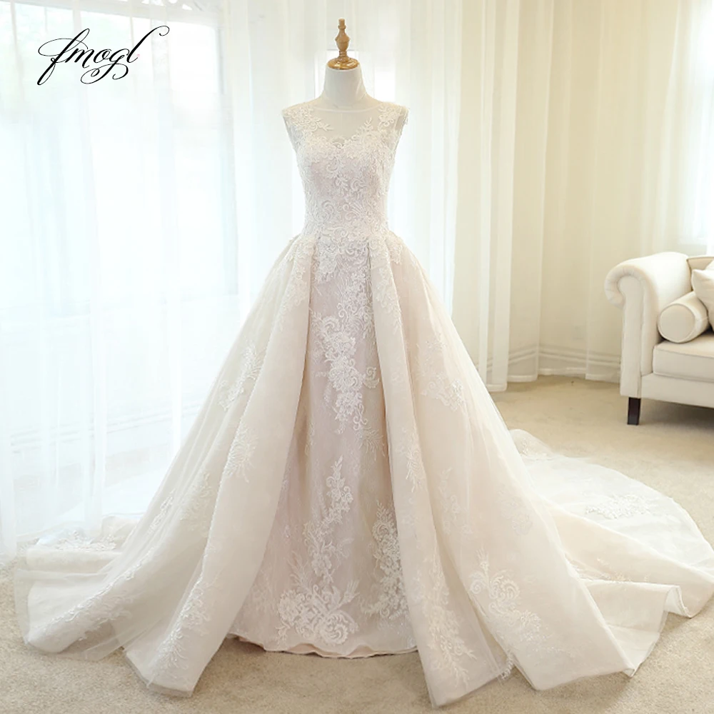 

Fmogl Vestido De Noiva Lace Mermaid Wedding Dresses 2019 Scoop Neck Detachable Train Appliques Beaded Vintage Bridal Gown