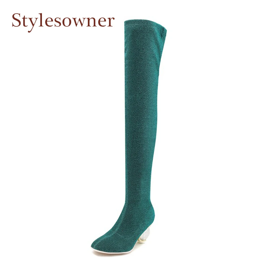 

Stylesowner transparent crystal strange heel sock boots women sequined stretch thin leg sexy ladies over the knee boots big size