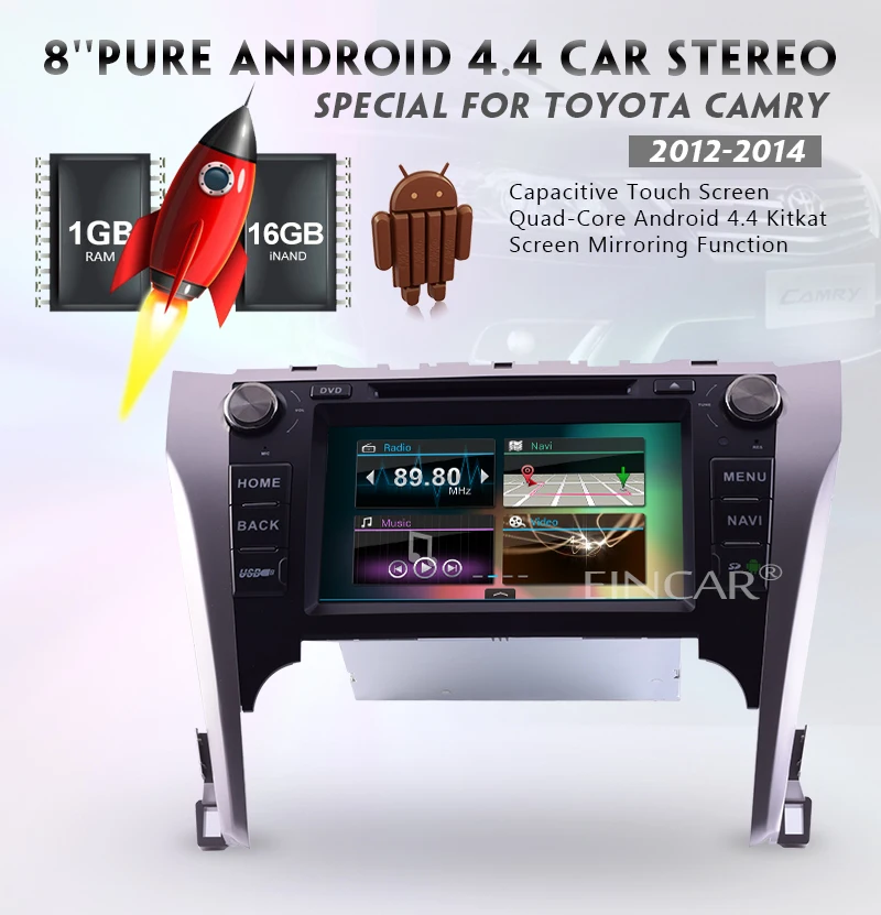 3D GPS Pure Android 4.4 Capacitive Touchscreen Bluetooth 8 Inch Radio Receiver Car DVD Player For Toyota Camry 2012-2014 CD VCD Video Car Stereo Headunit Audio Autoradio USB SD In Dash Mirroring Built in Remote control Can Bus For Steering Wheel
