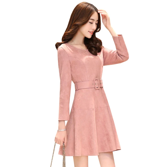 New Faux Suede Dress Spring Autumn Women Elegant Sashes Empire Pink ...