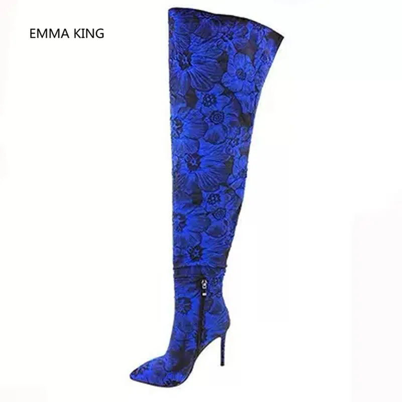 Bleu Sur Cuissardes As Longues Mince Genou Sexy Femmes In Chaussures Picture Les De Pour Shown Pointu Brodé Bottes Le Talons Mode Club Haute Bout qArOq5