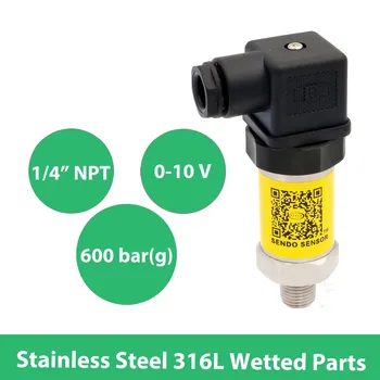 

0 10V pressure sensor, 12-30V supply, 60MPa/600bar gauge, 1/4"NPT, 0.5% accuracy, stainless steel 316L wetted parts, low cost