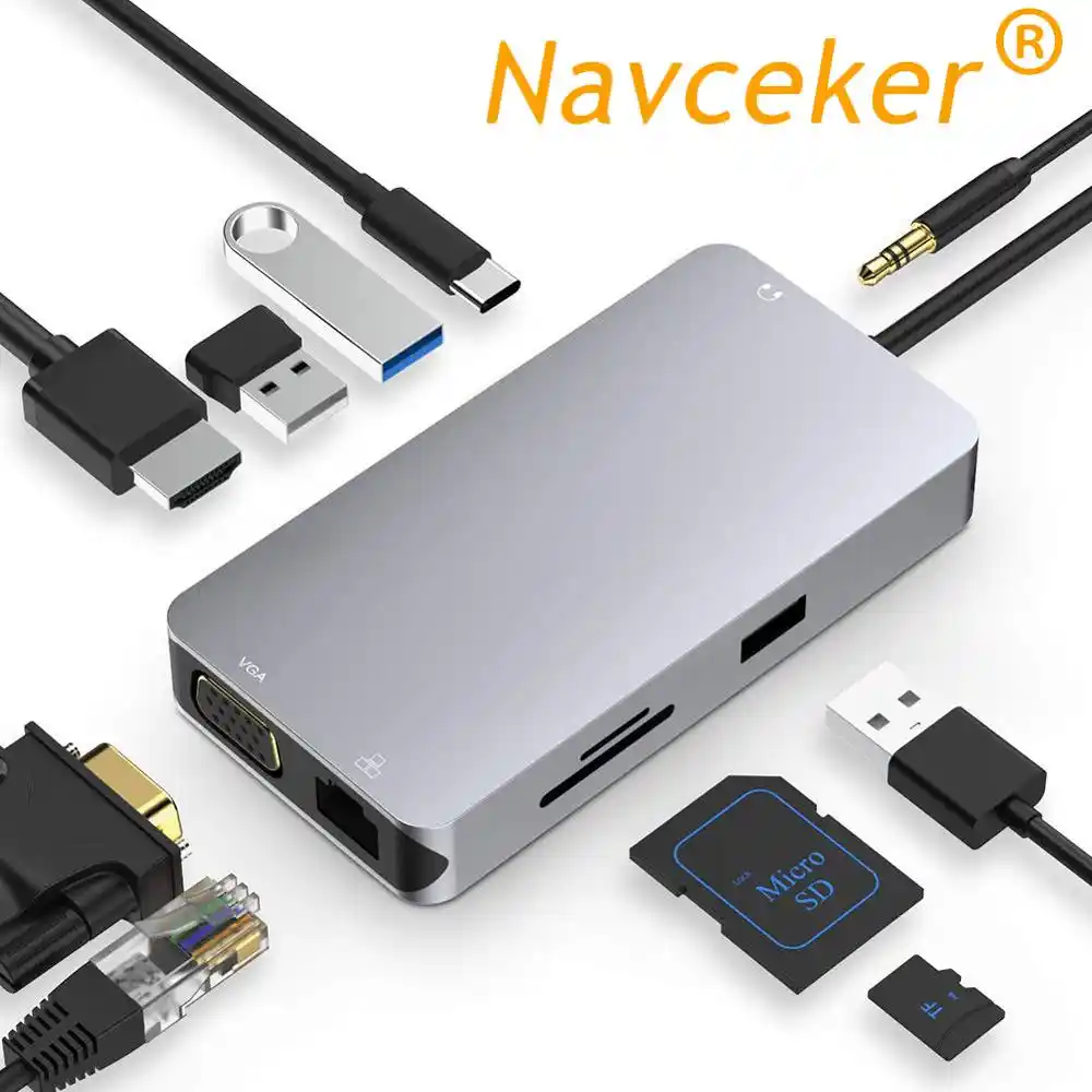 Navceker Usb タイプ C Hdmi Vga ギガビットイーサネット Lan Rj45 アダプタ Macbook Pro のタイプ C Usb C ハブカードリーダー Usb 3 0 Pd ポート Aliexpress