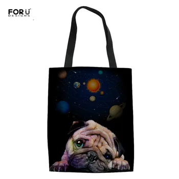 

FORUDESIGNS Cute Pug Dog Cat Women's Linen Tote Bags Galaxy Print Eco Shopping Handbags for Youth Girls Casual Travel Beach Bag