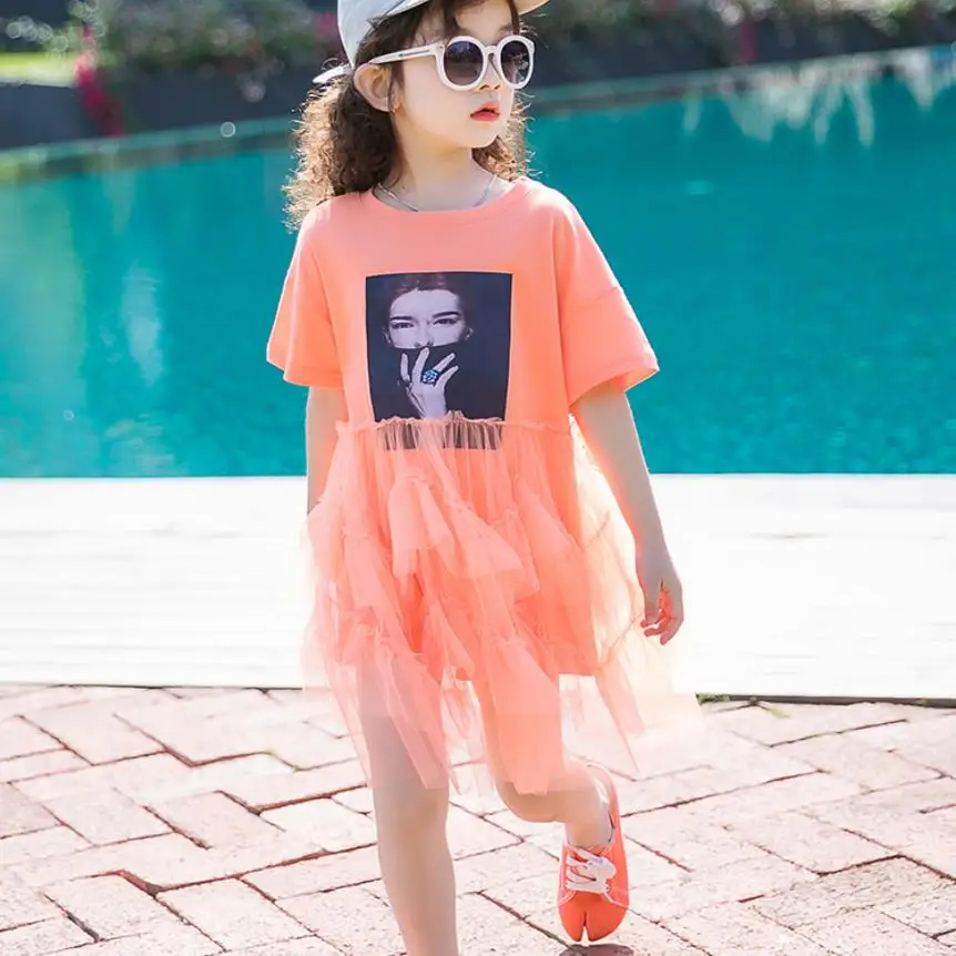 

Summer new Print pattern mesh patchwork dress baby girls orange princess dress teenage cotton dress children clothes ws787