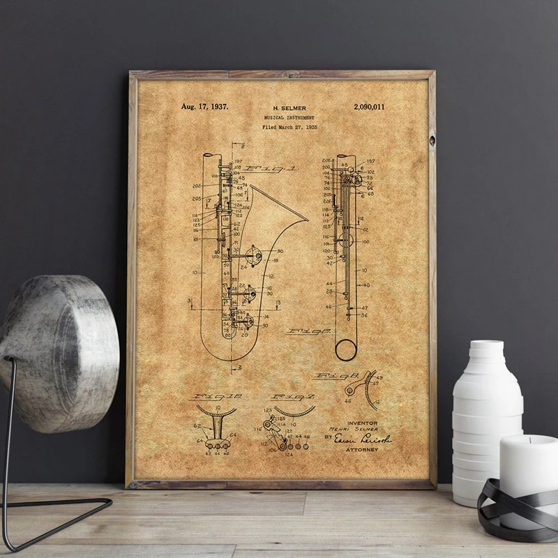 Saxophone Blueprint Poster Home Decor