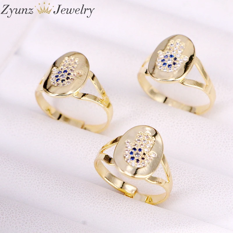 

10PCS, Gold color Engraved Hamsa Hand Rings CZ Micro Pave Cubic Zirconia Gold Filled Oval Rings