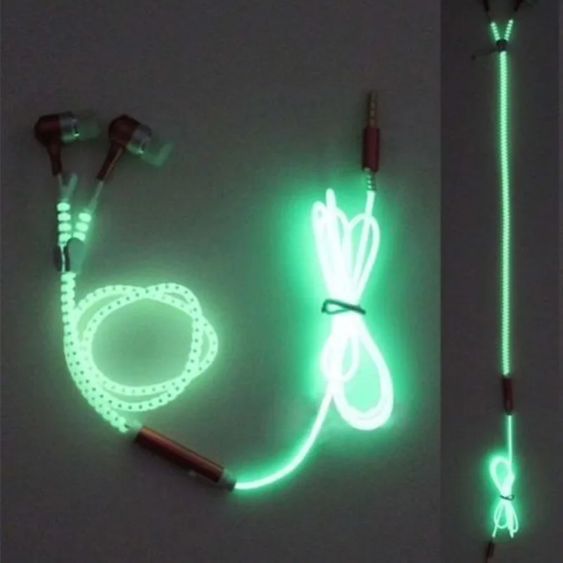 Fashion Glow In The Dark Metal Earphones Earbuds With Mic Glowing Zipper Headset Luminous Light Stereo